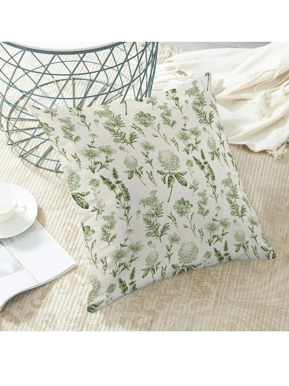 Botanical Green Floral Throw Pillow Covers 18x18